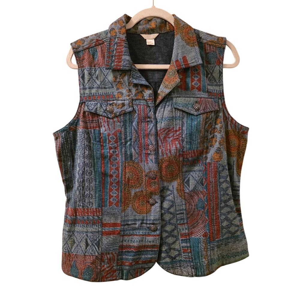 Chistopher And Banks Womens Geometric Patern Denim Vest Sz L Art To Wear